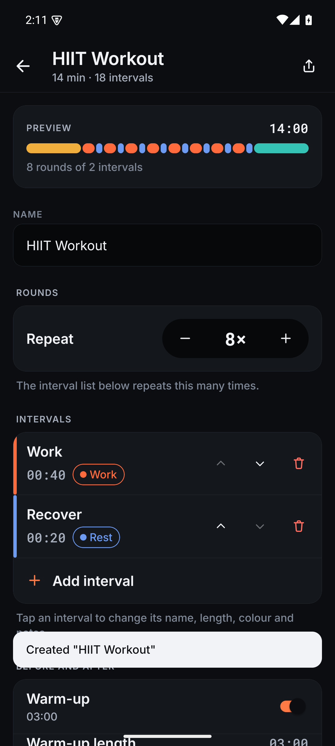 The timer editor showing a live preview timeline, the timer name, a rounds stepper and an interval list.