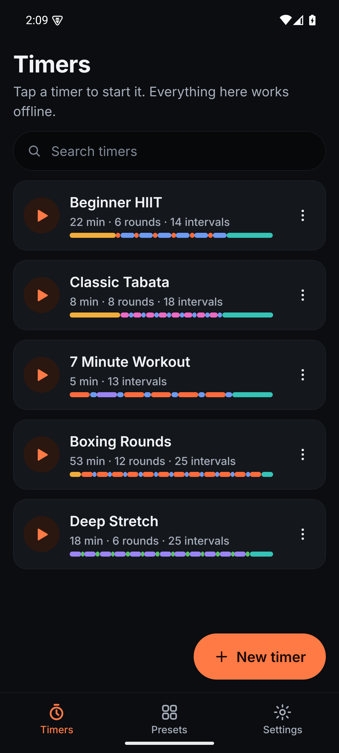 The Timers library listing five workouts, each with its duration, round count and a coloured timeline of its structure.
