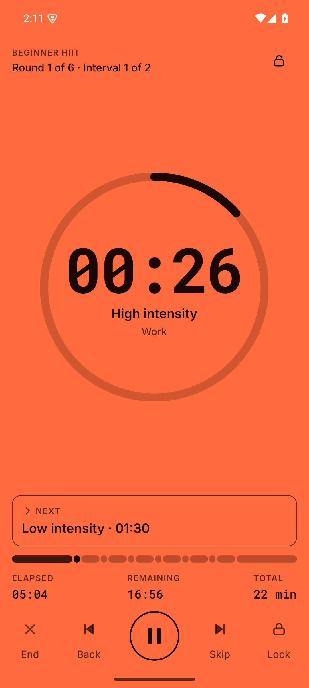 A running workout: a large countdown inside a progress ring, the interval name, the next interval and a timeline of the whole session.